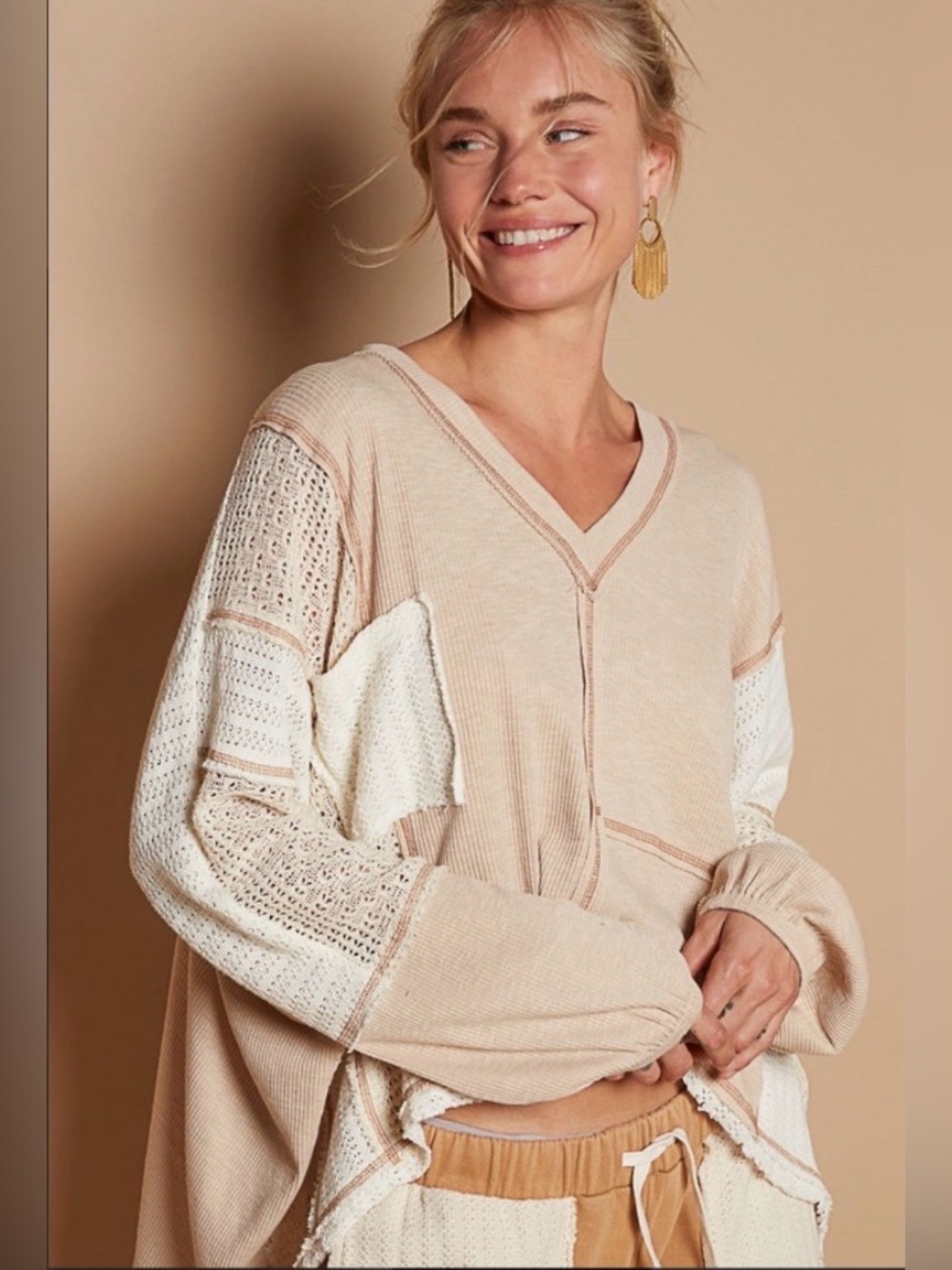POL Cream and White Crochet-Panel Crop Top